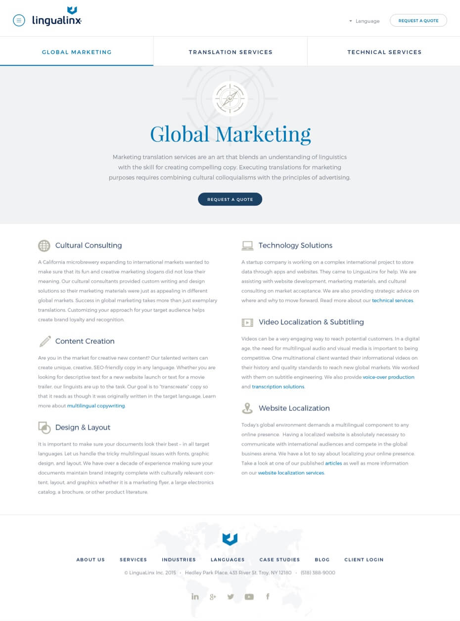 Screenshot of Lingualinx website - Global Marketing page